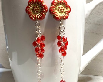 Red dangle cluster Earrings, Czech glass flower earrings