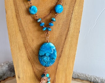 Blue Crazy Lace Agate Necklace, Agate and Copper Necklace