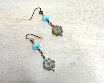 Czech Glass Flower Earrings, Sky Blue Earrings, Blue Flower Earrings