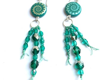 Teal Spiral Czech Glass Dangle Earrings