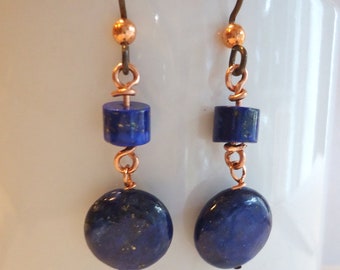 Lapis Earrings, Lapis Copper Wire Wrap Earrings