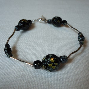 Picasso Czech Glass and Silver Bracelet, Black and Silver Bracelet