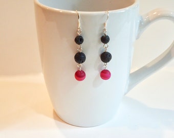 Pink Banded Agate and Lava Stone Earrings, Diffuser Earrings, Dangle Diffuser Earrings