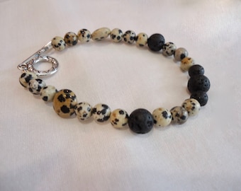 Dalmatian Stone and Black Lava Bead Bracelet, Diffuser Bracelet