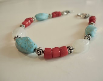 Turquoise, Red Coral and Rainbow Moonstone Bracelet