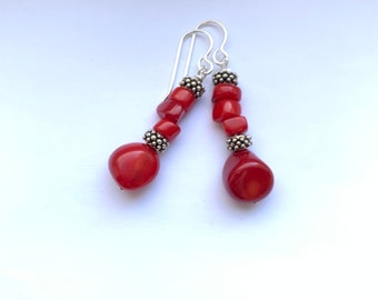 Red Coral and Sterling Silver Earrings, Coral Dangle Earrings