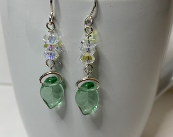 Czech Glass Leaf and Crystal Earrings