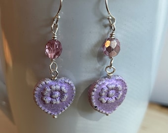 Purple Heart Earrings, Czech Glass Heart Earrings