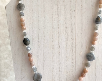 Labradorite, Peach and Rainbow Moonstone Necklace