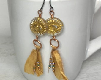 Ammonite Dangle Earrings, Czech Glass and Silk Earrings