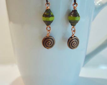 Green Turbine Czech Glass and Copper Swirl Earrings