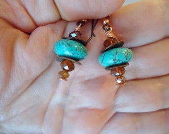 Turquoise, Copper and Czech Glass Earrings