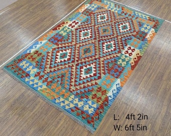 Alfombra Kilim afgana de lana tejida a mano – Diseño tribal geométrico, tonos tierra