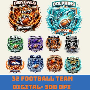 May include: Ten colourful digital illustrations of NFL team logos, including the Bengals, Dolphins, Jets, Ravens, Bears, Raiders, Broncos, Colts, Browns, and Jaguars. Each logo features a team mascot and football. The text at the bottom reads "32 FOOTBALL TEAM DIGITAL - 300 DPI."