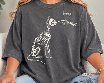 Funny Skeleton Cat Boop Shirt, Halloween Cat Skeleton Tee, Spooky Cat Lover Gift, Gothic Black Cat Graphic Shirt for Women