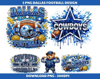 Pode incluir: Uma coleção de cinco designs temáticos de futebol americano dos Dallas Cowboys. Os designs apresentam o nome da equipa, bolas de futebol, capacetes, estrelas e uma mascote de urso. O esquema de cores é principalmente azul, branco e castanho. O texto inclui "DALLAS", "COWBOYS", "FOOTBALL" e os números "19" e "60".
