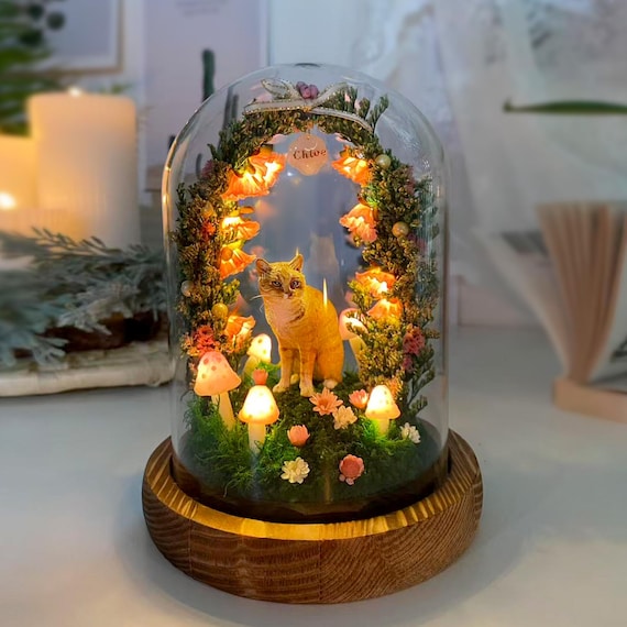 Personalized Cat Memorial Night Light,Enchanted Mushroom Lamp with Custom Pet Figurine,Handmade Sympathy Gift for Pet Loss