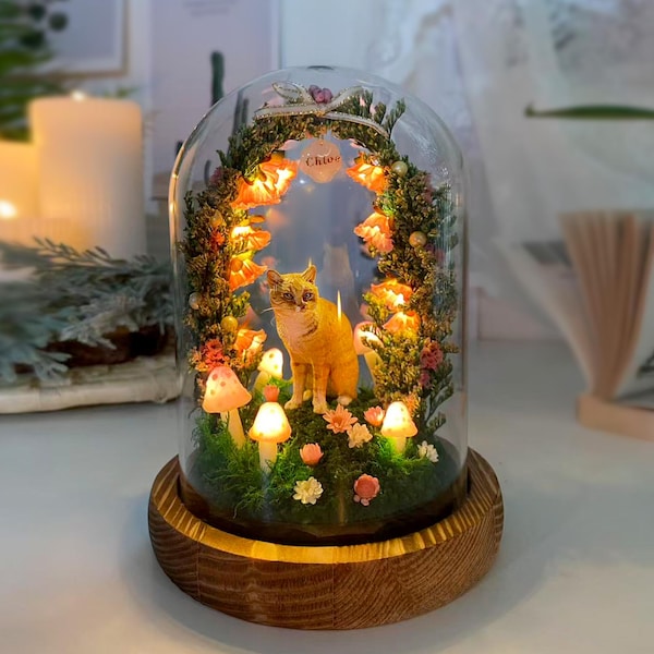 Personalized Cat Memorial Night Light,Enchanted Mushroom Lamp with Custom Pet Figurine,Handmade Sympathy Gift for Pet Loss