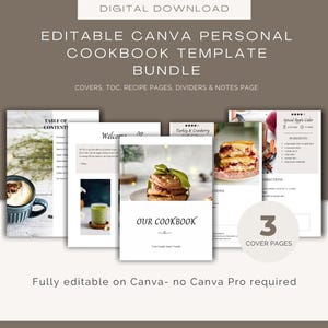 Puede incluir: Una descarga digital que presenta una plantilla de libro de cocina personal de Canva editable. La imagen muestra páginas de muestra con recetas, una tabla de contenido y páginas de portada. El texto incluye "Descarga digital" y "Totalmente editable en Canva - no se requiere Canva Pro."