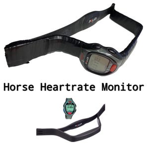 May include: A black and gray Polar horse heart rate monitor with a digital display and a red button. The image also shows a smaller watch-style monitor and a separate strap. The text "Horse Heartrate Monitor" is displayed below the main monitor.