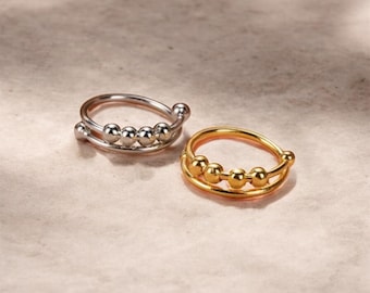 Gold Bead Fidget Spinner Ring • Anxiety Relief Sterling Silver or Gold Jewelry • ADHD Mental Health Ring