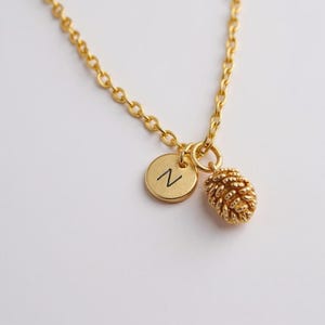 Puede incluir: Collar dorado con un pequeño dije de piña y un colgante redondo con la letra "N". La cadena es delicada y los dijes están detallados. El collar se muestra sobre un fondo blanco.