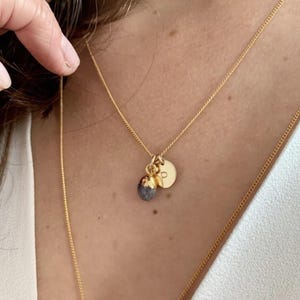 Peut inclure: Colliers dorés avec des breloques. L'un des colliers présente un petit charme rond avec la lettre "P" gravée. Un autre collier a un petit pendentif en pierre bleu-gris avec des accents dorés.