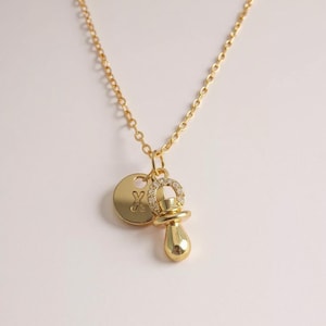 Personalized Baby Pacifier Necklace: Gold Plated Initial Charm, New Mom Gift