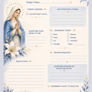 May include: A novena prayer journal page featuring an illustration of the Virgin Mary, a gold cross, and blue floral accents. The template includes sections for date, prayer, intentions, scripture, blessings, reflections, and prayer requests.