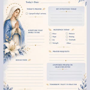 May include: A novena prayer journal page featuring an illustration of the Virgin Mary, a gold cross, and blue floral accents. The template includes sections for date, prayer, intentions, scripture, blessings, reflections, and prayer requests.