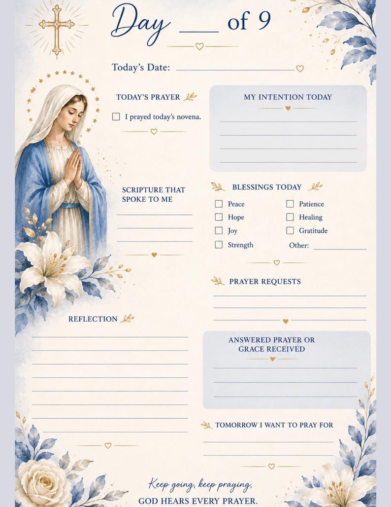 May include: A novena prayer journal page featuring an illustration of the Virgin Mary, a gold cross, and blue floral accents. The template includes sections for date, prayer, intentions, scripture, blessings, reflections, and prayer requests.