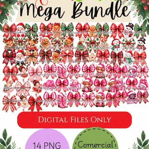 May include: A digital bundle of Christmas bows featuring various holiday patterns, including red and green plaid, gingerbread figures, snowmen, reindeer, and pink-themed designs. The text reads Christmas Bows Mega Bundle, Digital Files Only, 14 PNG Designs, and Comercial Included.