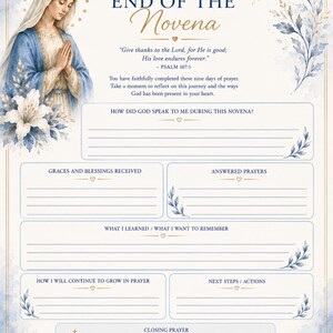 May include: A religious prayer journal page titled End of the Novena featuring an illustration of the Virgin Mary, blue floral accents, and gold lines. It includes sections for reflections, graces received, answered prayers, and a closing prayer.