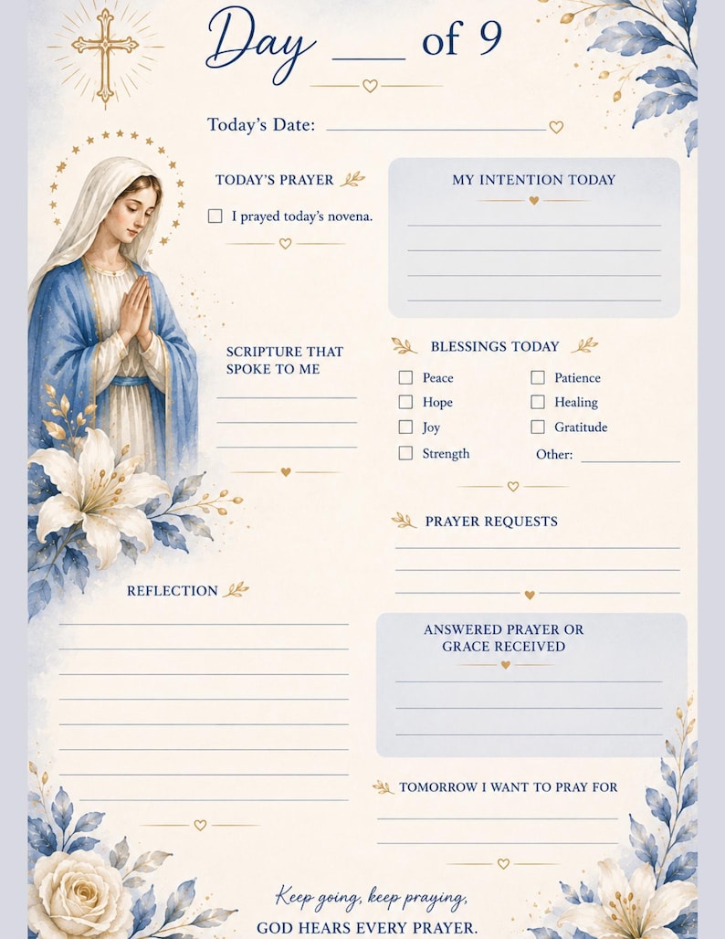 May include: A novena prayer journal page featuring an illustration of the Virgin Mary, a gold cross, and blue floral accents. The template includes sections for date, prayer, intentions, scripture, blessings, reflections, and prayer requests.