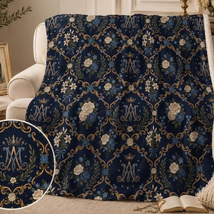 Marian Monogram Sherpa Blanket | Virgin Mary Floral Damask Throw | Catholic Blue & Gold Blanket | Marian Devotional Home Decor | Cozy Gift