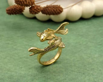 Gold Koi Fish Ring, Adjustable Yin Yang Koi Ring, Lucky Fish Statement Ring, Japanese Inspired Jewelry, Gift for Her, Nature Boho Ring"