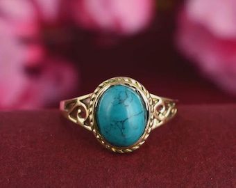 Vintage Gold Turquoise Ring, 14K Gold Filigree Design, Natural Oval Blue Turquoise Gemstone Jewelry, Gift for Her