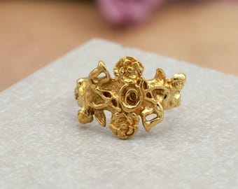 Anillo vintage de querubín dorado, anillo floral de ángel para mujer, anillo bohemio de latón, regalo romántico para ella, anillo escultural retro, banda artesanal.