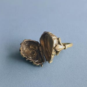 Op de afbeelding: Een vintage goudkleurige locket ring, open om een gedetailleerd interieur te onthullen. De ring heeft een textuurrijk, sierlijk ontwerp op de locket en een delicaat bloemenaccent. De ring staat tegen een lichtblauwe achtergrond.