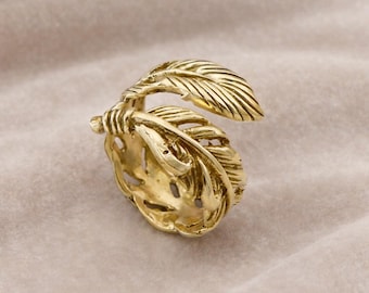 Gold Blatt Wickelring, verstellbarer Natur Ring, Botanische Statement Ring, Minimalistische Goldring, Blatt Bandring, Geschenk für sie, handgemachter Schmuck