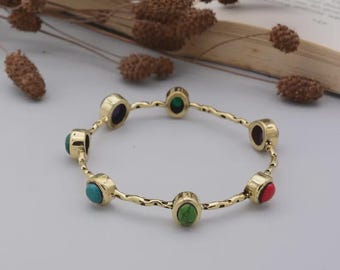 Gold Plated Gemstone Bracelet, Colorful Stone Bangle, Boho Jewelry, Handmade Brass Bracelet, Gift for Her, Artisan Crafted