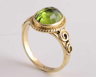 Green Peridot Ring, Gold Gemstone Ring, Vintage Style Ring, Boho Statement Ring, Handmade Gold Ring, Birthstone Jewelry