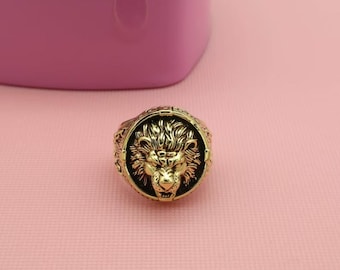 Gold Lion Head Signet Ring, Men’s Bold Statement Ring, Vintage Lion Face Ring, Brass Gold Plated Ring, Zodiac Leo Jewelry, Gift for Him
