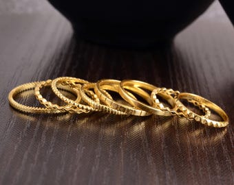 Gold Stacking Rings Set, Thin Minimalist Gold Bands, Dainty Textured Ring Set for Women, Midi Rings, Boho Stackable Rings, Gift for Her