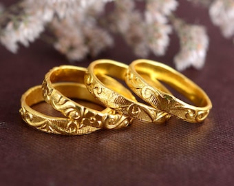 Engraved Gold Ring, Floral Pattern Band, Vintage Style Gold Ring for Women, Dainty Gold Band, Antique Look Ring, Gift for Her