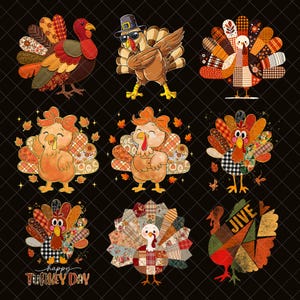 Könnte beinhalten: Neun farbenfrohe Truthahn-Illustrationen mit Federn im Patchwork-Stil und verschiedenen Posen. Einige Truthähne tragen Sonnenbrillen oder Schleifen, während andere den Text "Happy Turkey Day" und "Jive" haben. Der Hintergrund ist schwarz.