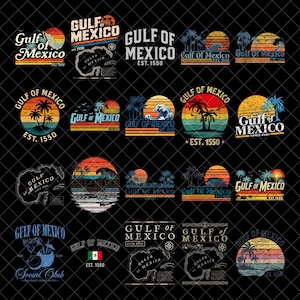 Könnte beinhalten: Eine Sammlung von Designs zum Thema Golf von Mexiko. Jedes Design zeigt einen Sonnenuntergang, Palmen und den Text "Gulf of Mexico" mit dem Gründungsjahr "EST. 1550". Einige Designs enthalten Wellen und Karten.