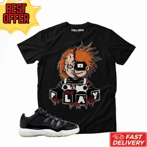 Horror Doll Split Face Unisex-tröja, Match Jordan 11 Retro Low 72-10, Läskig tecknad grafik-tröja, Svartröd Streetwear Sneaker Match-tröja