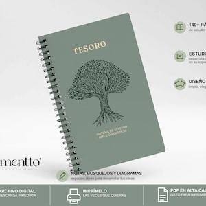 Könnte beinhalten: Ein salbeigrünes Notizbuch mit Spiralbindung und einer dunkelgrünen Baumillustration auf dem Einband. Der Text TESORO und SISTEMA DE ESTUDIO BÍBLICO PERSONAL ist auf der Vorderseite gedruckt. Symbole und Text beschreiben Merkmale wie 140+ Seiten.