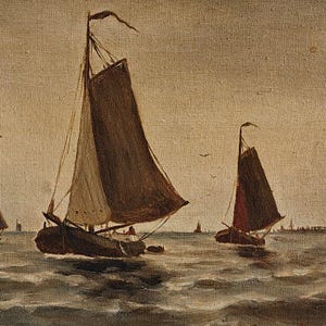 Simon Kramer Oil Painting Dutch Sailing Ships Maritime Art Signed Netherlands Seascape Gilt Frame Spritsail Boats 1970s Vintage Nautical Art
